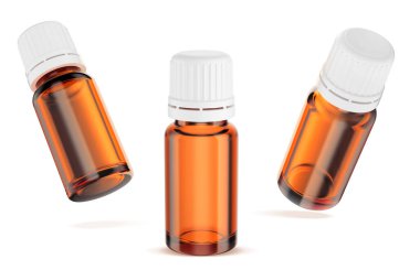 Beyaz arka planda izole edilmiş gerekli yağlar için 10 ml 'lik kehribar ultraviyole cam ya da plastik bir şişe. Markalaşma ve modelleme için 3B oluşturma