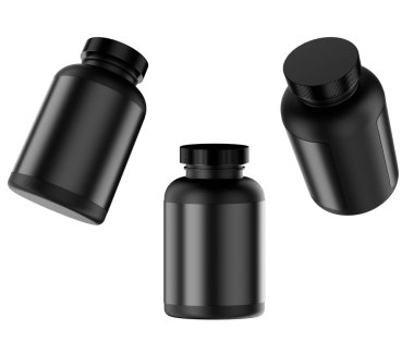 Vitaminler ya da beyaz arka planda izole edilmiş, boş siyah etiketli diyet takviyeleri için 3 boyutlu üç parlak siyah kavanoz..