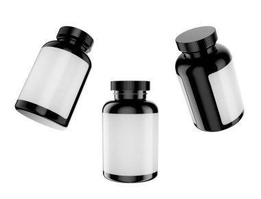 Vitaminler ya da beyaz arka planda izole edilmiş, beyaz etiketli diyet takviyeleri için 3 boyutlu üç parlak siyah kavanoz..