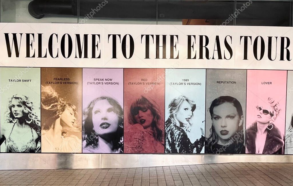 Sydney, Australia - February 13, 2024: Discover Taylor Swift's promotional banner for the Eras Tour Australia, showcased near Universal Music Studio in Sydney.