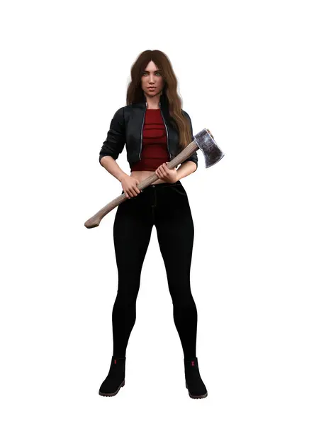 斧を持った殺人犯の3Dレンダリング または斧やハチェットを持つ女性 ホラーブックカバーやホラー映画ポスターのデザインのため — ストック写真