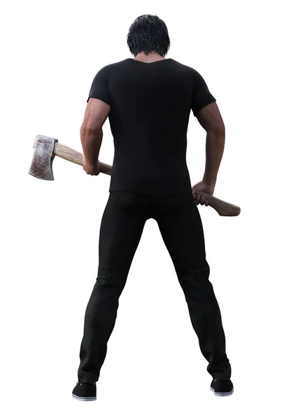 斧を持った殺人犯の3Dレンダリング 斧やハチェットを持つ男 ホラーブックカバーやホラー映画ポスターのデザインのため — ストック写真