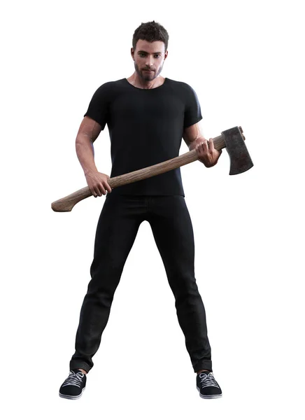 斧を持った殺人犯の3Dレンダリング 斧やハチェットを持つ男 ホラーブックカバーやホラー映画ポスターのデザインのため — ストック写真