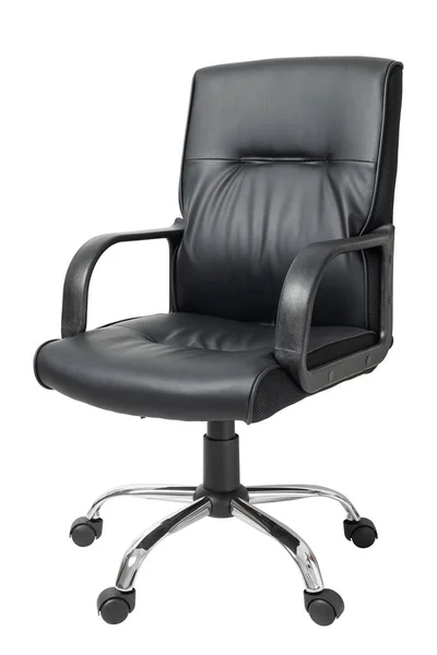 クリッピング パスを白で隔離される黒革オフィスの椅子 ストック写真