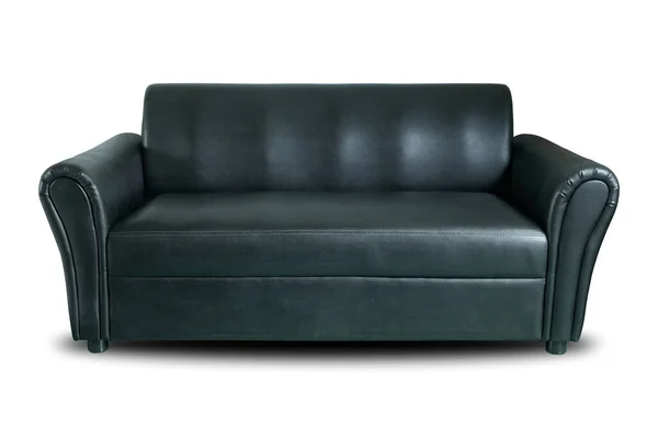 白い背景に隔離された黒い革のソファの前 ロイヤリティフリーのストック画像