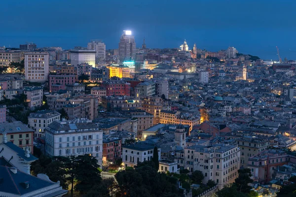 Kilátás Nyílik Genova Város Este Folyamán Fény — Stock Fotó