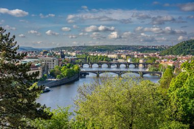 Prag 'ın eski bir kasabası. Çek Cumhuriyeti, Vltava Nehri üzerinde Charles Köprüsü ufuk çizgisinde. Kırmızı çatıları olan Prag manzara manzarası. Prag manzarası Letna Park, Prag, Çek.