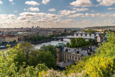 Prag 'ın eski bir kasabası. Çek Cumhuriyeti, Vltava Nehri üzerinde Charles Köprüsü ufuk çizgisinde. Kırmızı çatıları olan Prag manzara manzarası. Prag manzarası Letna Park, Prag, Çek.