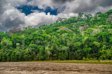 Amazon Nehri ve ormanı üzerinde sağanak yağış var. Fırtınanın ortasında suda yüzen küçük bir tekne var.