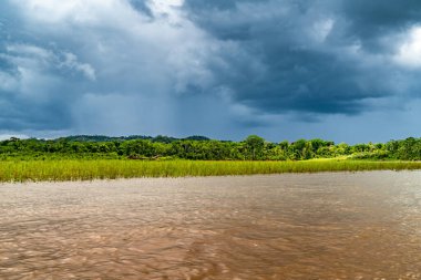 Amazon Nehri ve ormanı üzerinde sağanak yağış var. Fırtınanın ortasında suda yüzen küçük bir tekne var.