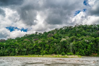 Amazon Nehri ve ormanı üzerinde sağanak yağış var. Fırtınanın ortasında suda yüzen küçük bir tekne var.