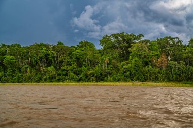 Amazon Nehri ve ormanı üzerinde sağanak yağış var. Fırtınanın ortasında suda yüzen küçük bir tekne var.