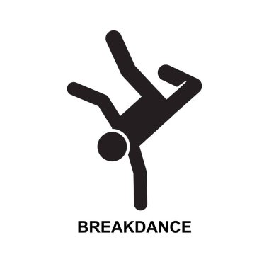 Breakdance ikonu. Arkaplan vektör illüstrasyonunda izole edilmiş siyah break dans sembolü.