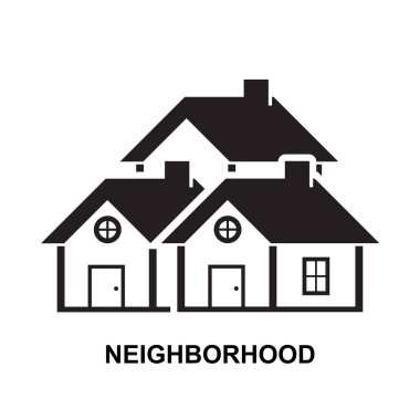 Mahalle ikonu. Arka plan vektör illüstrasyonunda izole edilmiş siyah mahalle sembolü.