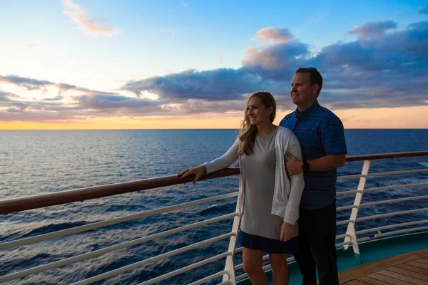 Attractive Middle Aged Couple Enjoying Sunset View Deck Cruise Ship — Stock Photo, Image