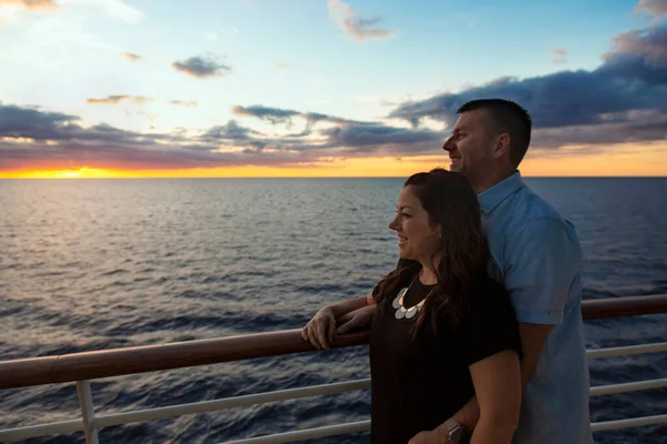 Attractive Middle Aged Couple Enjoying Sunset View Deck Cruise Ship — Stock Photo, Image