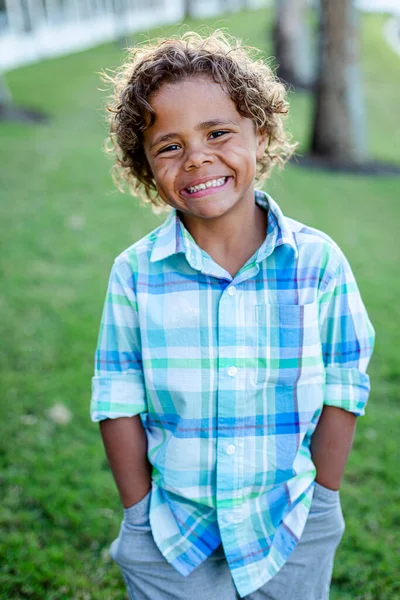 Charming Beautiful Black Young Boy Playful Smile Curly Hair Outdoor — Stockfoto