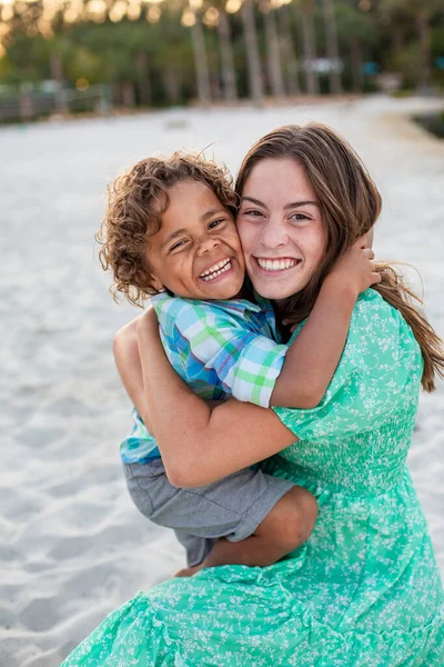 Portrait Two Beautiful Diverse Children Smiling Hugging Each Other Hispanic — Stockfoto