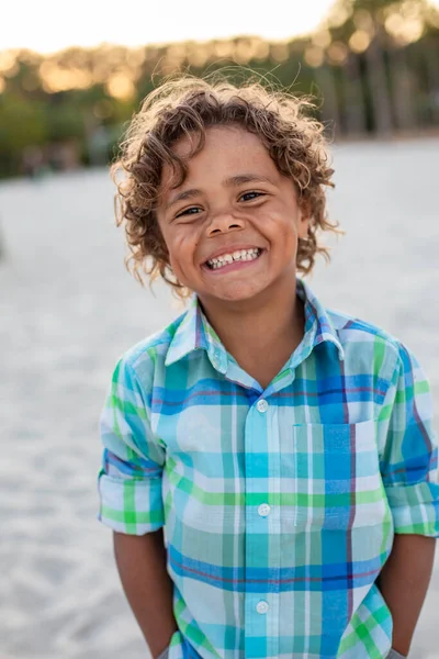 Charming Beautiful Black Young Boy Playful Smile Curly Hair Outdoor — kuvapankkivalokuva