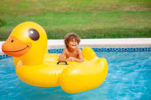 Preschool African American Boy Swimming Pool Yellow Inflatable Mattress Duck — Stock Photo, Image