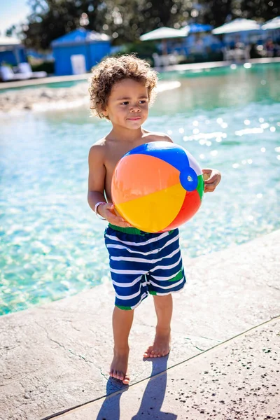 Adorable African American Preschool Boy Ball Standing Pool — Stock Photo, Image