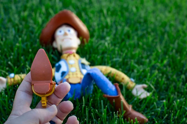 Woody Toy Story Rumput Hijau Orang Memegang Kaki Mainan Dengan — Stok Foto