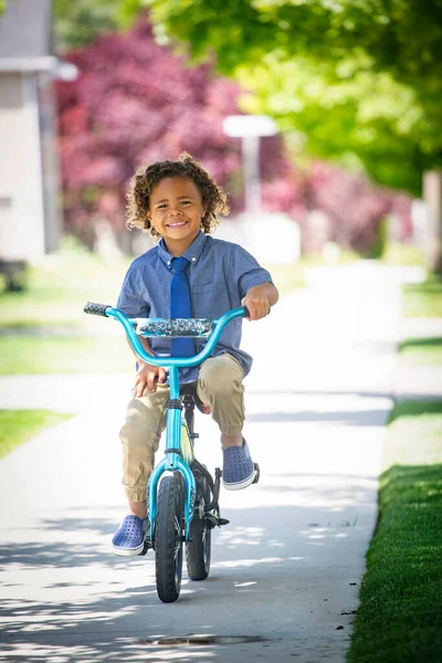 Cute Racial Boy Riding Small Bicycle His Way School Dressed — Stockfoto