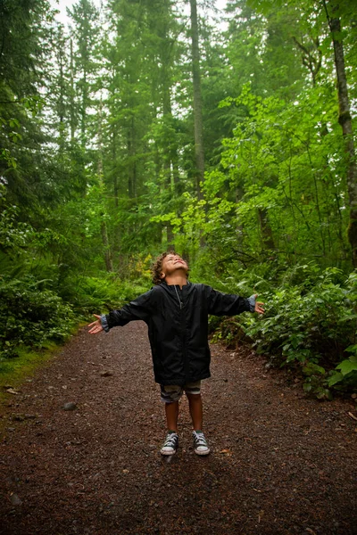 在太平洋西北部一片茂密的森林里散步时 年轻的非洲裔美国男孩沉醉在大自然的美丽之中 — 图库照片