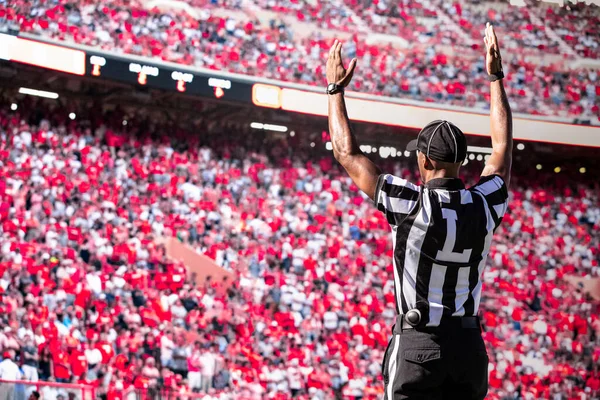 American Football Referee official signals a touchdown in a large football stadium.