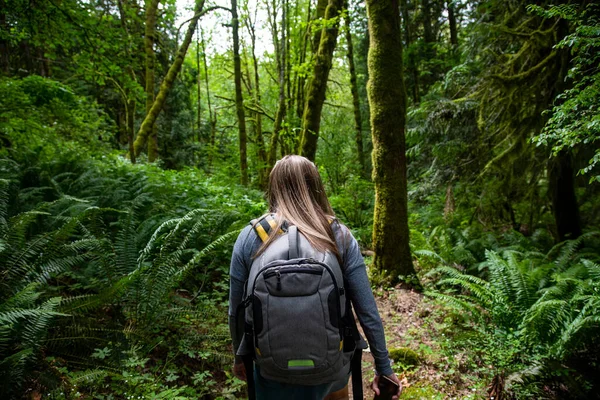 美しい太平洋岸北西部の緑豊かな森を歩く女性ハイカー アウトドアライフスタイル写真 ストック画像