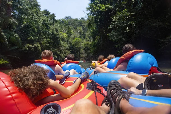 Group Friends Having Ride Inflatable Rubber Boat While Floating River — Stock Photo, Image