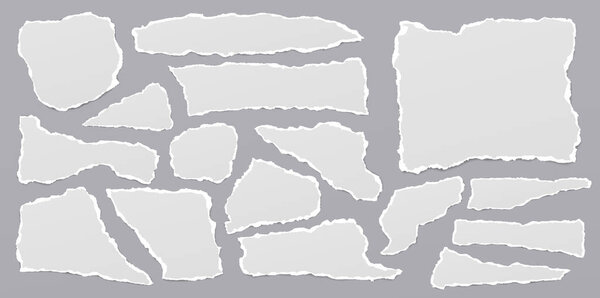 Набор порванной белой ноты, полоски бумаги ноутбука на сером фоне для текста. Векторная иллюстрация.