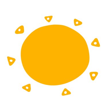 Güneş ışınları ile el çizimi turuncu güneş. Günbatımı veya gündoğumu simgesi beyaz arkaplanda. Vektör illüstrasyonu.