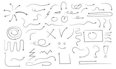 Elle çizilmiş farklı vektör siyah oklar. Doodle kıvrımlı ve düz işaret koleksiyonu beyaz arkaplanda izole edilmiş. Vektör illüstrasyonu.