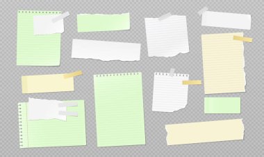 Yırtık, yırtık beyaz ve renkli kağıt şeritleri, yapışkan tipli çizgili defter kağıtları ve yumuşak gölgeler gri arka planda mesaj, not ve reklam için var. Vektör illüstrasyonu.