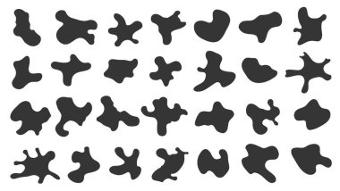 Farklı kabarcıklar, leke şeklinde lekeler. Siyah sıvı lekeler beyaz arka planda izole edilir. Vektör illüstrasyonu.