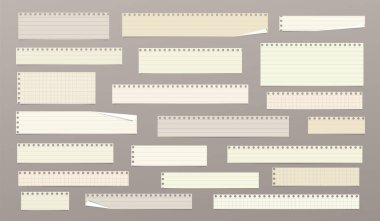 Kesik kağıt şeritleri, astarlı, koyu gölgeli matematik notları kahverengi arka planda yazılı, notlar, reklamlar. Vektör illüstrasyonu.