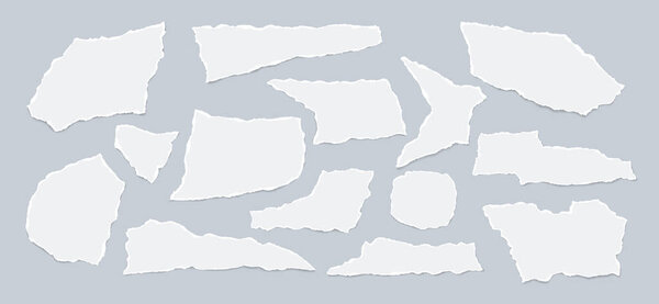 Set of torn, ripped paper strips with soft shadow are on light background for text or ad. Vector illustration.