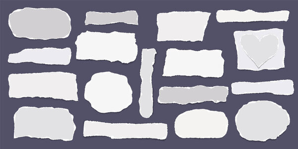 Набор разорванных, разорванных бумажных полос с мягкой тенью на черном фоне для текста или объявления. Векторная иллюстрация.