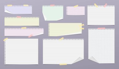 Renkli kağıt şeritleri, astarlı, koyu gölgeli matematik notları yazı, not ve reklam için gri arka planda. Vektör illüstrasyonu.
