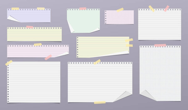 Набор разноцветных разрезанных полосок бумаги, подкладка, листы тетради с твёрдой тенью на сером фоне для текста, заметок, рекламы. Векторная иллюстрация.