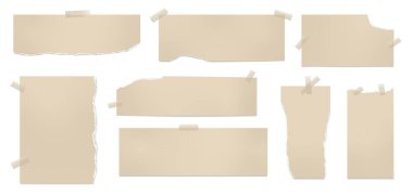 Set of torn brown note paper pieces stuck with adhesive tape are on white background for text or ad. Vector illustration.