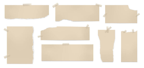 Set of torn brown note paper pieces stuck with adhesive tape are on white background for text or ad. Vector illustration.