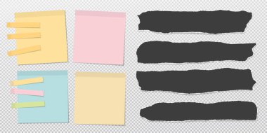 Yırtık siyah kağıt parçaları, renkli notlar yazı veya reklam için beyaz kare arka planda. Vektör illüstrasyonu.