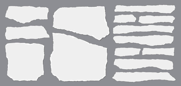 Set of torn white note paper pieces, strips are on dark grey background for text, notes or ad. Vector illustration.