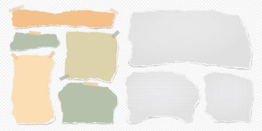 Yırtık beyaz, kahverengi kağıt parçaları, şeritler beyaz kare arka planda yazı, not ya da ilan için. Vektör illüstrasyonu.