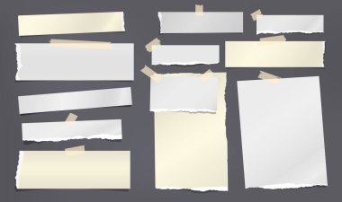 Yırtık beyaz ve sarı notlar, not defteri şeritleri ve koyu gri arka planda yapışkan bantlarla yapıştırılmış parçalar. Vektör illüstrasyonu.