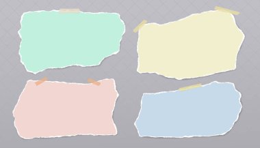 Not ya da reklam için yırtık renkli kağıt seti gri arka planda. Vektör illüstrasyonu.