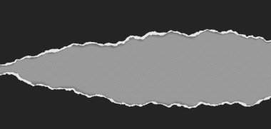 Yırtık kenarları ve yumuşak gölgesi olan siyah kağıt parçası, yazı veya reklam için gri arkaplanda. Vektör illüstrasyonu.