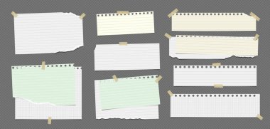 Not ya da reklam için yırtık renkli kağıt seti gri arka planda. Vektör illüstrasyonu.